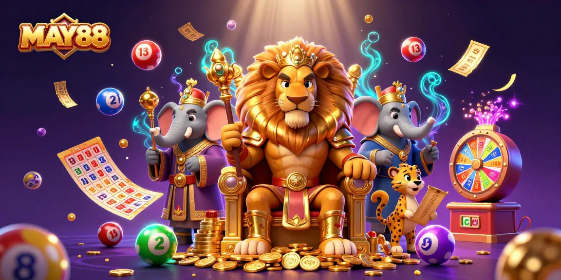 Experience the excitement of MAY88 with roaring lions and lively lottery elements.