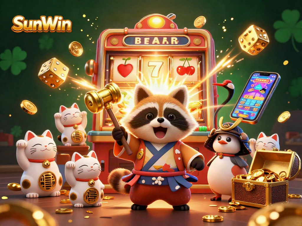 Play slots and hit jackpots with SunWin featuring cheerful characters, lucky symbols, and vibrant casino atmosphere.