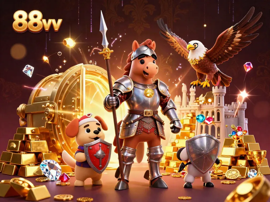Experience thrilling gameplay with 88vv, featuring an armored knight, stacks of gold, and dazzling treasures.