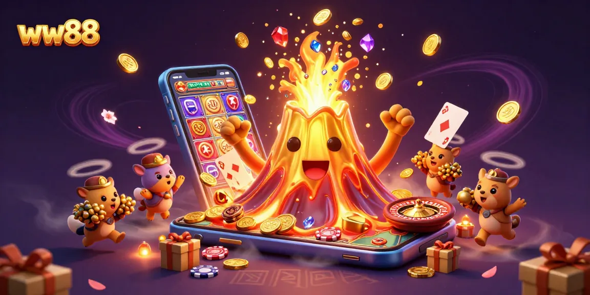 Join the excitement at ww88 with a golden volcano erupting treasure, promising thrilling casino adventures!