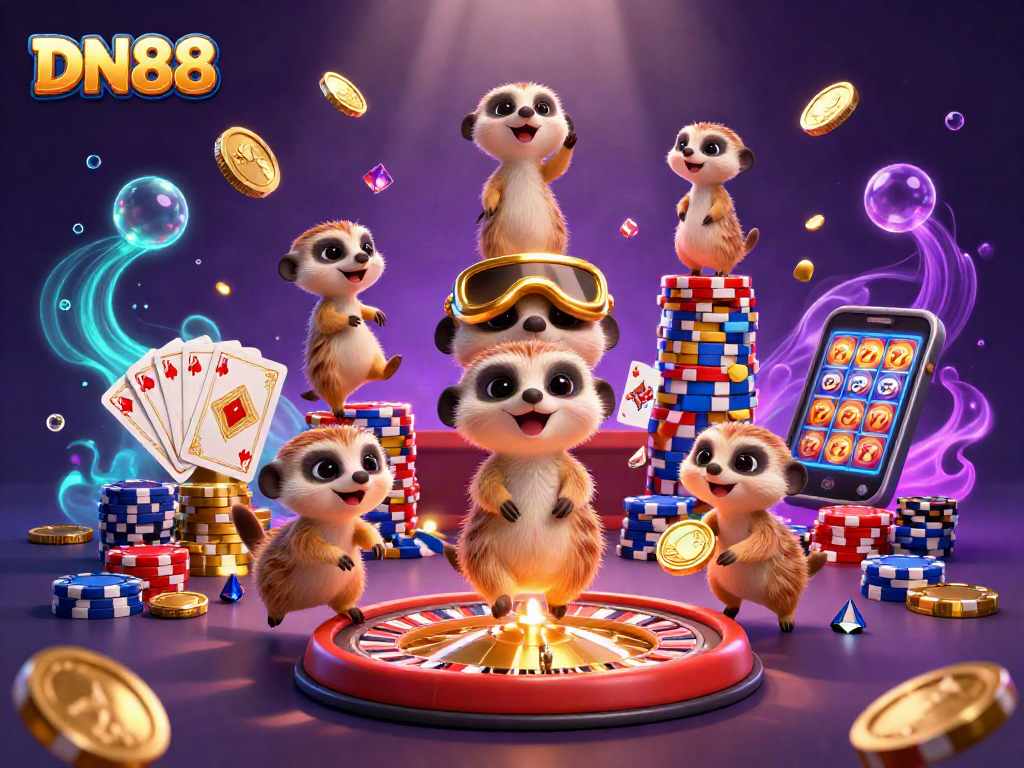 Experience the excitement of DN88 with a lively meerkat casino operation showcasing gaming action and colorful elements.