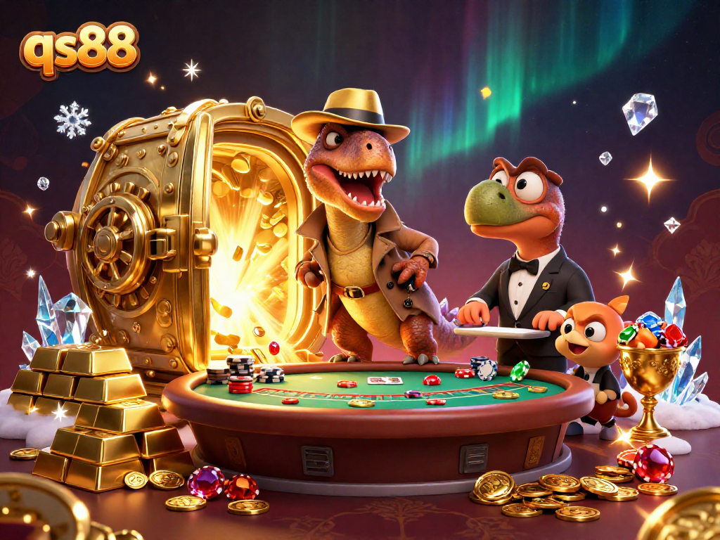 Experience thrilling gameplay at qs88 with cartoon velociraptor card counter at a blackjack table.