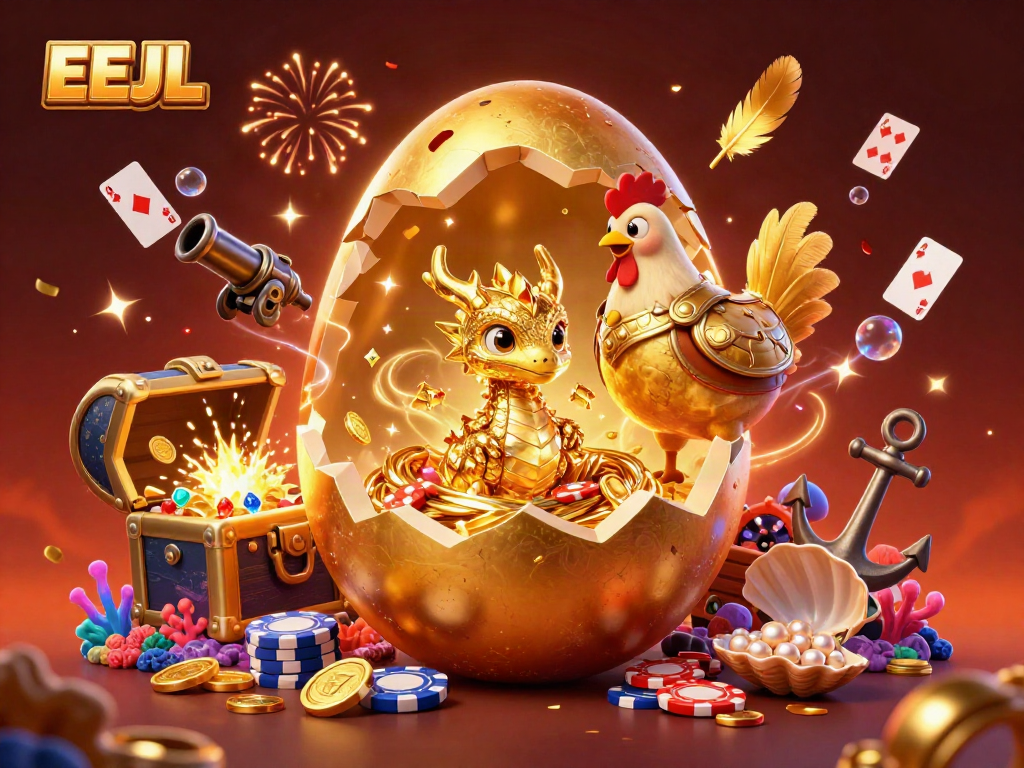Experience the excitement of EEJL with a gold-crystal dragon and poker chips in a vibrant casino scene.