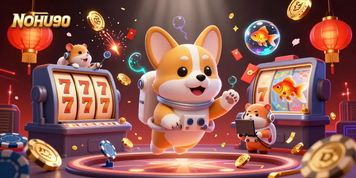Engage with the vibrant NOHU90 casino experience through a colorful scene featuring a space-themed 3D illustration.