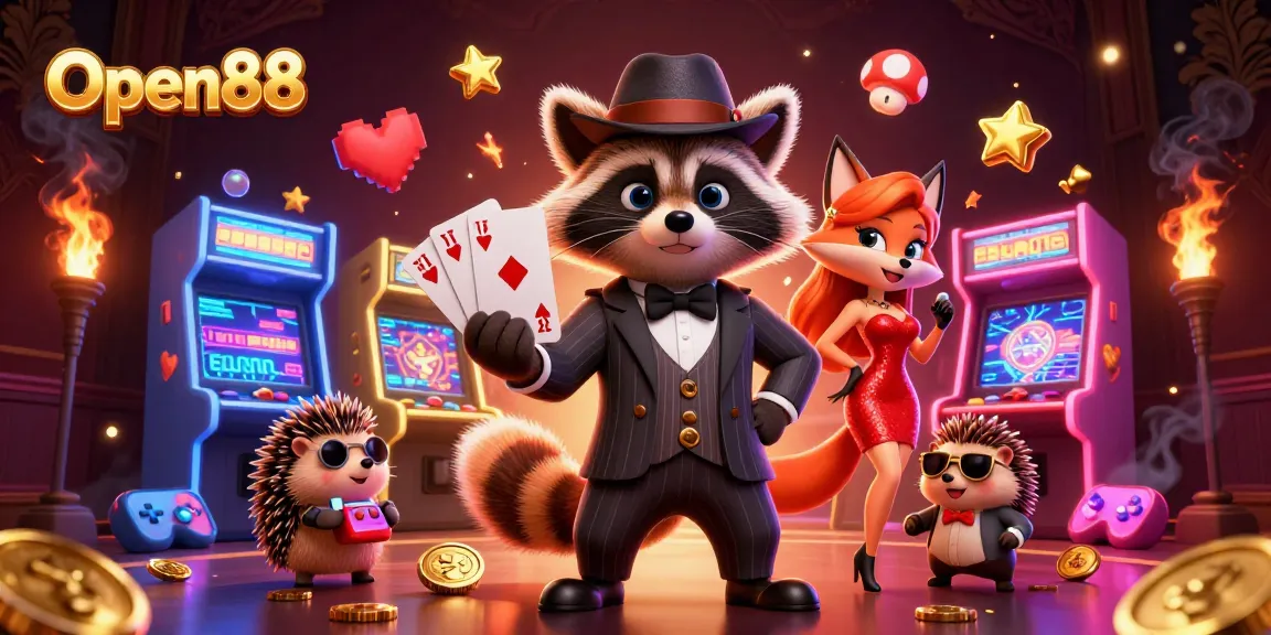 Experience Open88 with a suave raccoon, fox lady, and hedgehog in a dynamic casino scene.