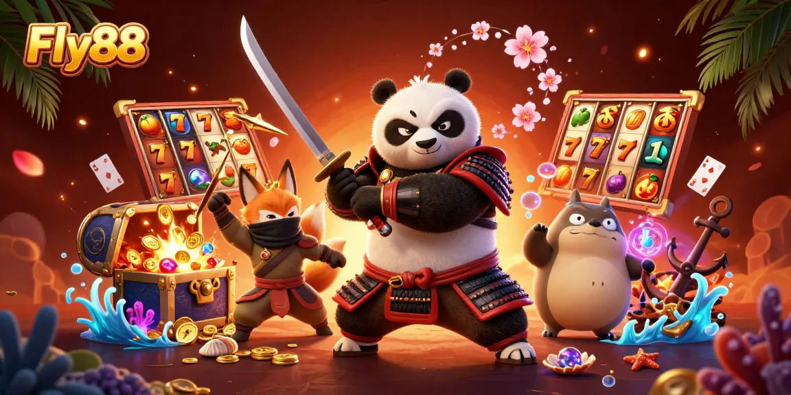 Experience thrilling gaming at Fly88 with samurai panda and ninja fox amid vibrant casino elements.