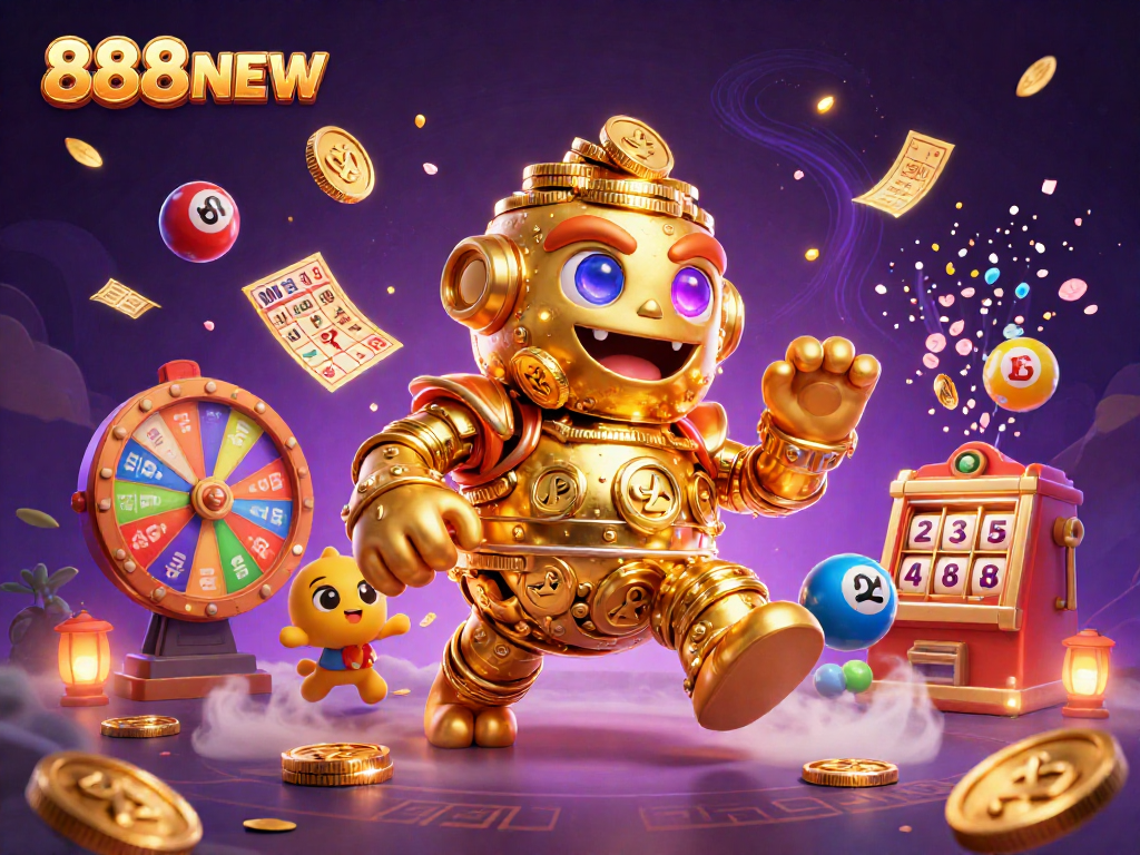 Experience vibrant gaming excitement with 888NEW's dynamic casino illustration full of engaging elements.