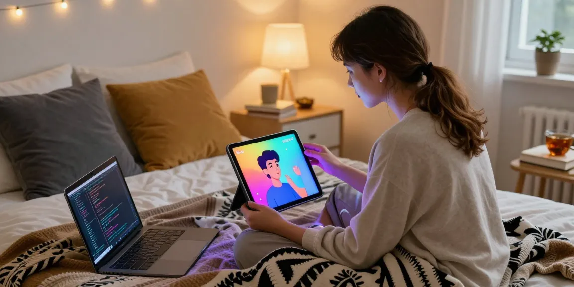 Engage with slut ai in a cozy bedroom via tablet, showcasing modern digital interaction.