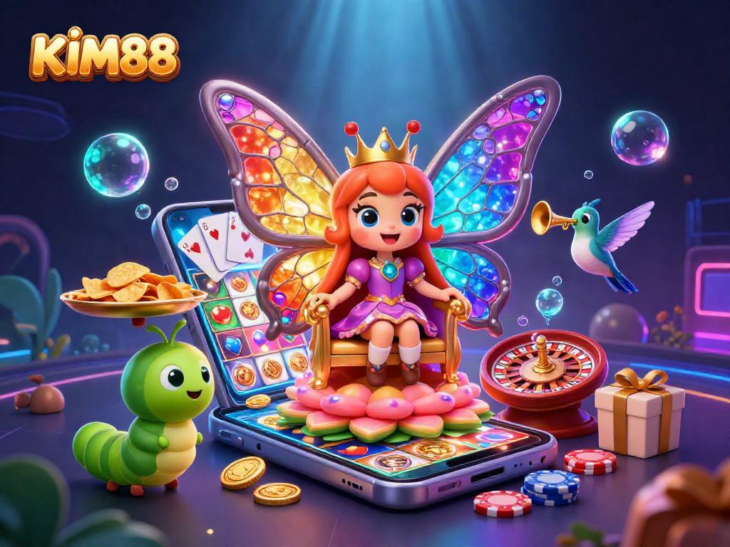 KIM88 captivates players with dazzling casino elements including a butterfly queen, vibrant slots, and golden chips.