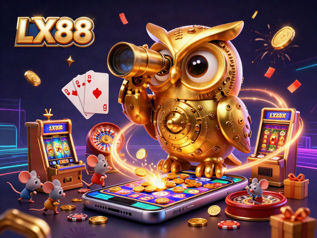 Experience thrilling gaming with LX88 amidst a vibrant casino atmosphere featuring enchanting characters.