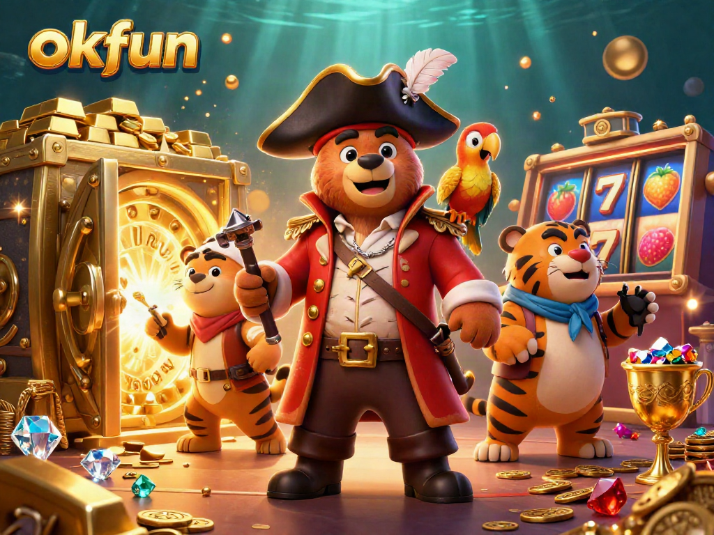 Spin to win with okfun's vibrant pirate-themed casino illustration featuring golden treasures.
