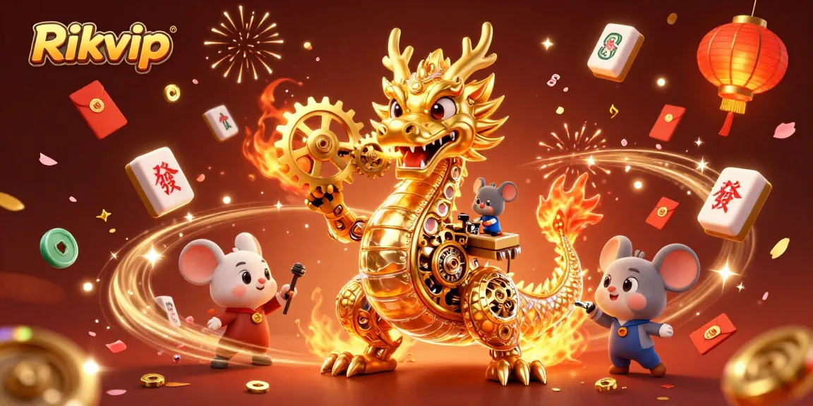 Engage with Rikvip’s vibrant gaming world featuring a golden dragon, festive elements, and animated scenes.