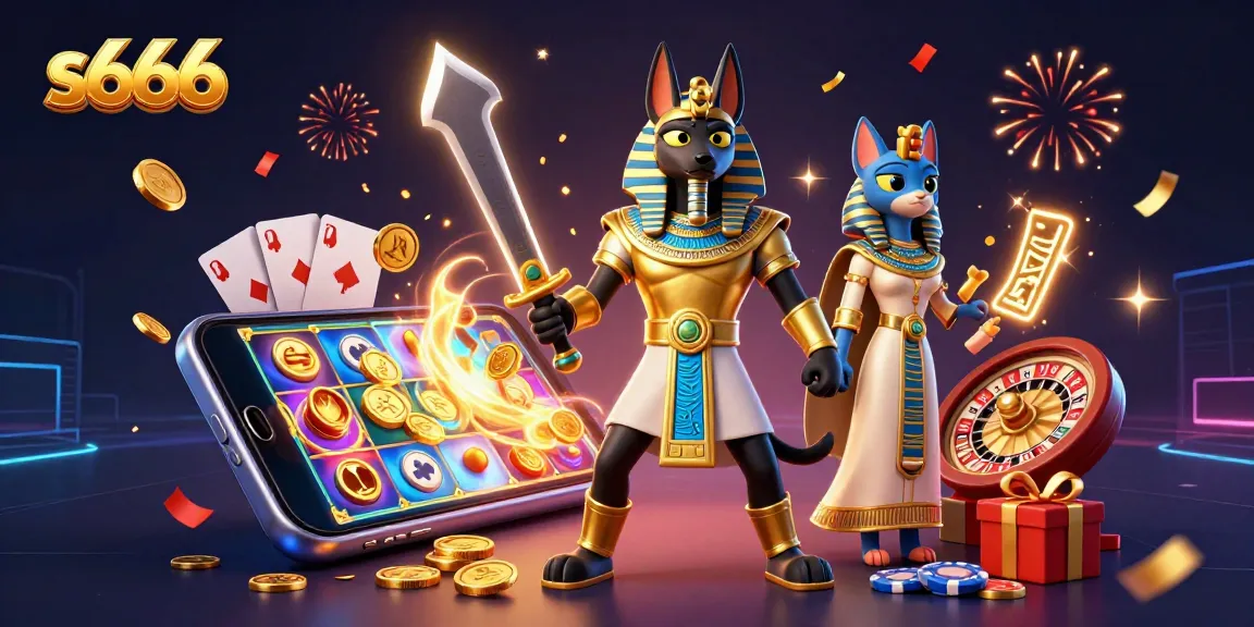 Win big with s666 in this vibrant 3D casino scene featuring Anubis and Bastet.