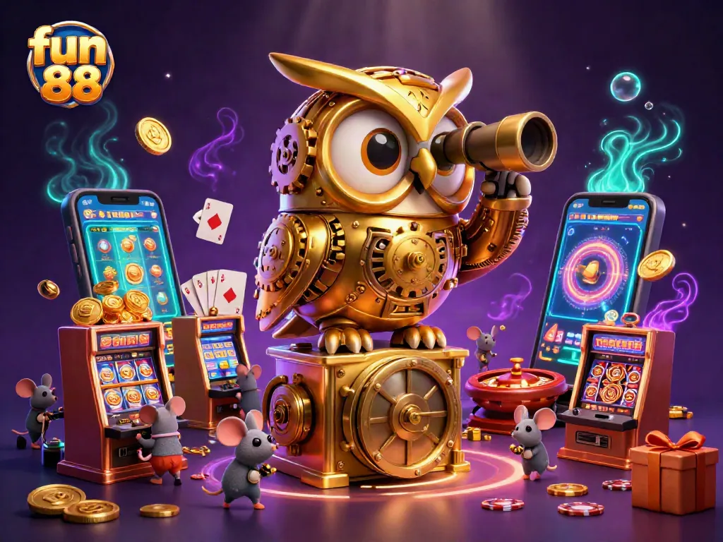 Experience fun 88 with a lively casino scene featuring a whimsical clockwork owl.