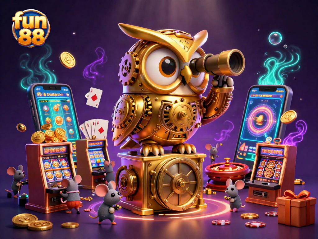 Experience fun 88 with a lively casino scene featuring a whimsical clockwork owl.