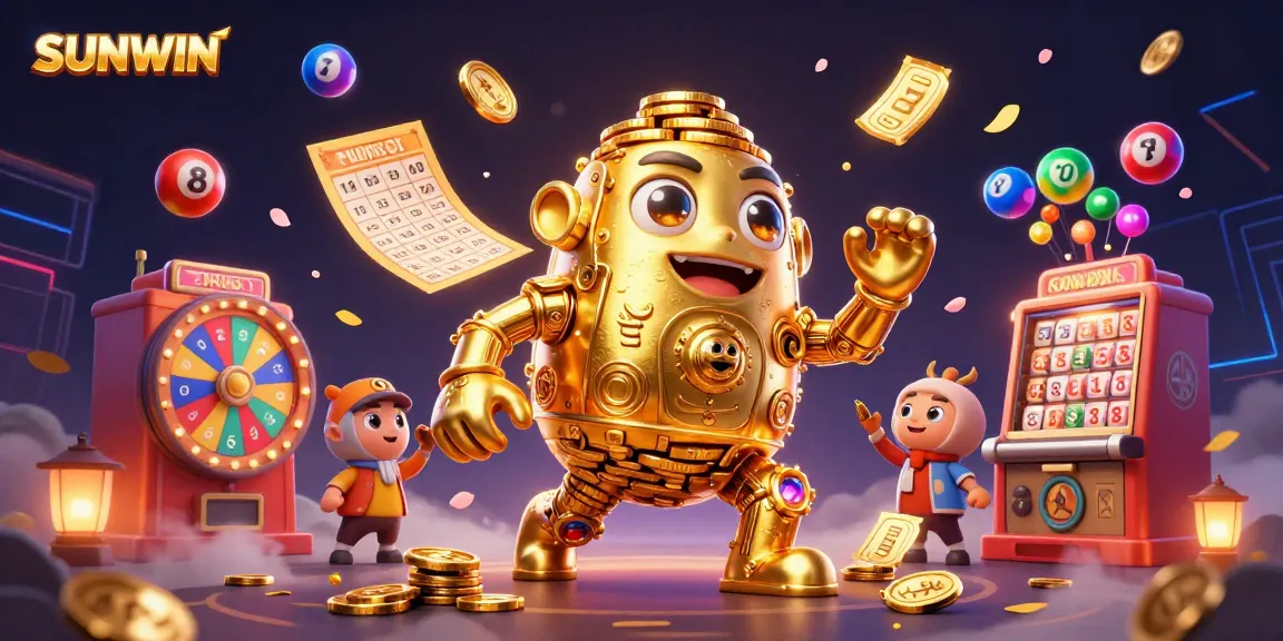 SUNWIN showcases a dynamic illustration featuring a golden golem with vibrant casino elements and a colorful lottery scene.