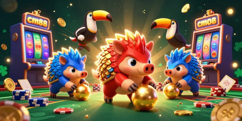 Engage in thrilling gameplay at cm88 with cartoon pangolins competing amid vibrant slot machines and golden coins.