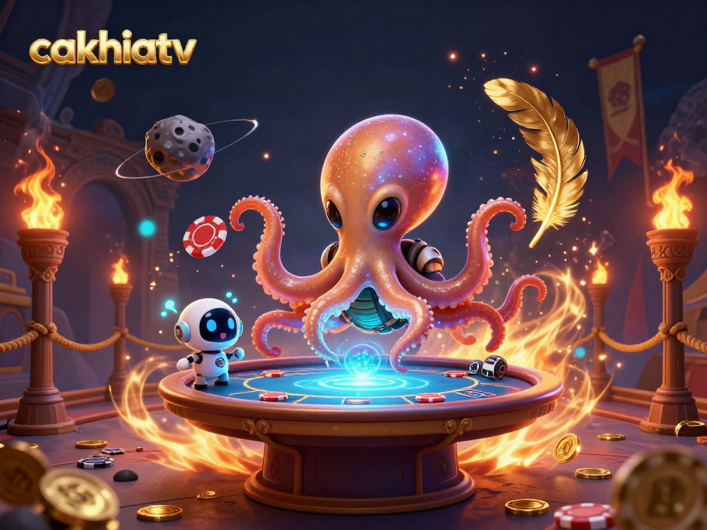 Play poker in the Cakhiatv galaxy with an alien octopus and floating chips in vibrant space.