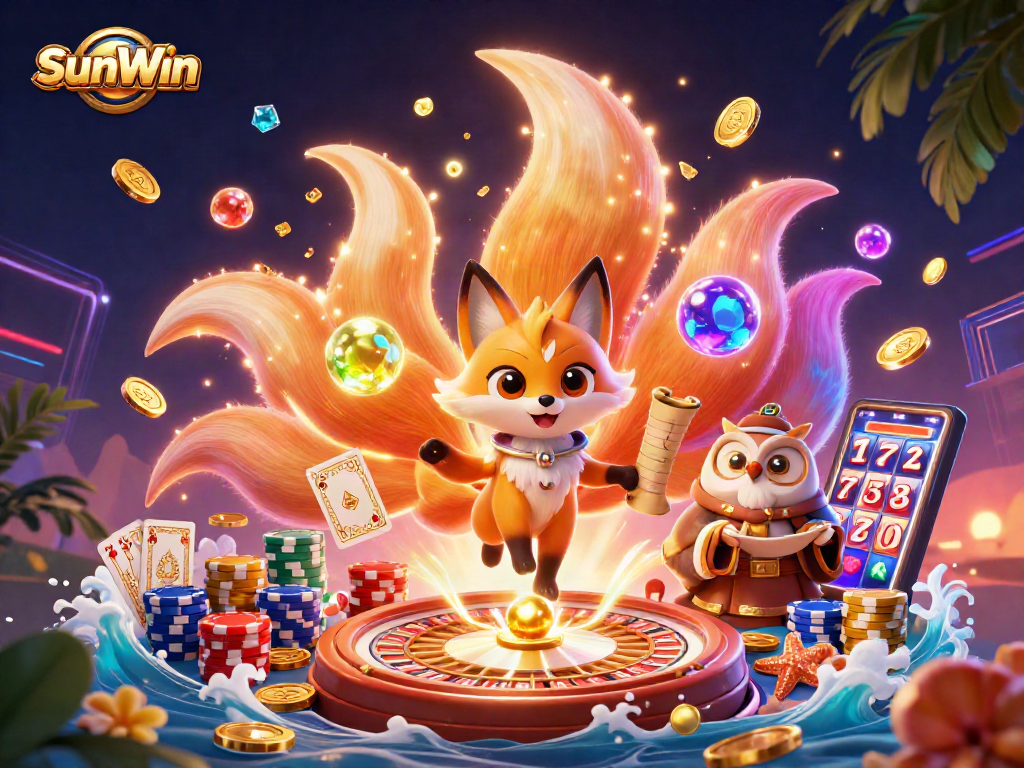 Experience thrilling gameplay with SunWin, featuring a vibrant nine-tailed fox and glowing casino elements.
