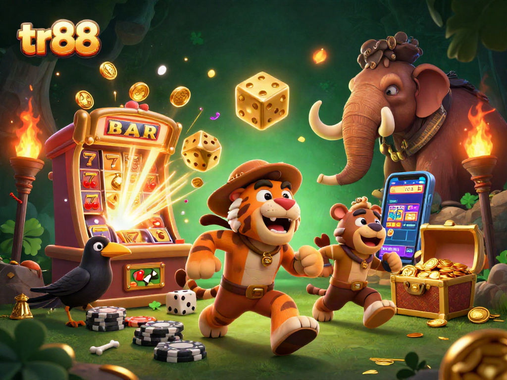 Experience thrilling gameplay at tr88 with cavemen and slots in a colorful casino scene.