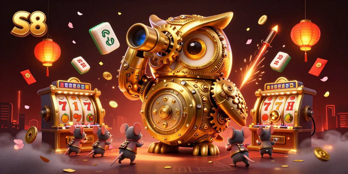 Engage with the S8 casino scene where golden owl oversees exciting slot reels and festive decorations.