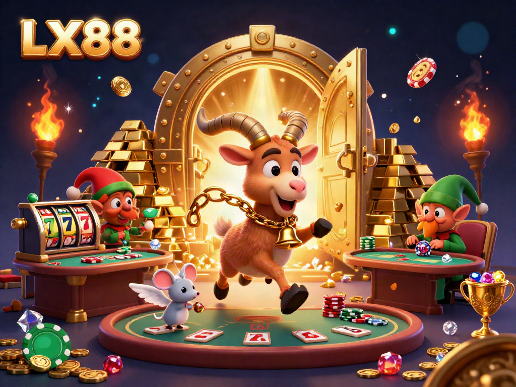 Engaging LX88 casino illustration depicting Krampus, an angel mouse, and gremlins in action.