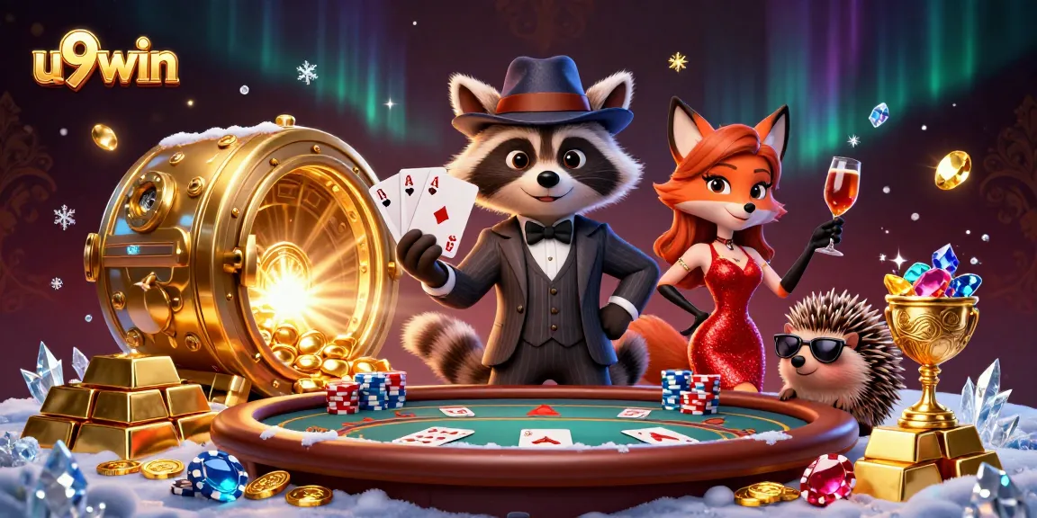Engage with u9win as the suave raccoon flashes a royal flush at a vibrant poker table.