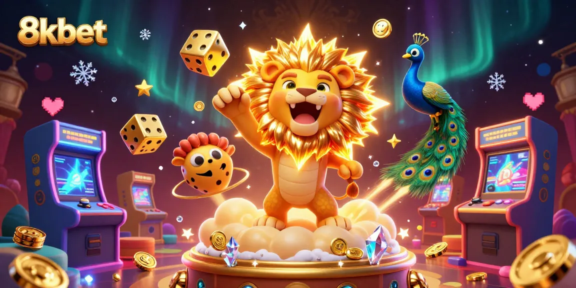 Play exciting games at 8kbet with colorful casino elements and a roaring lion mascot.