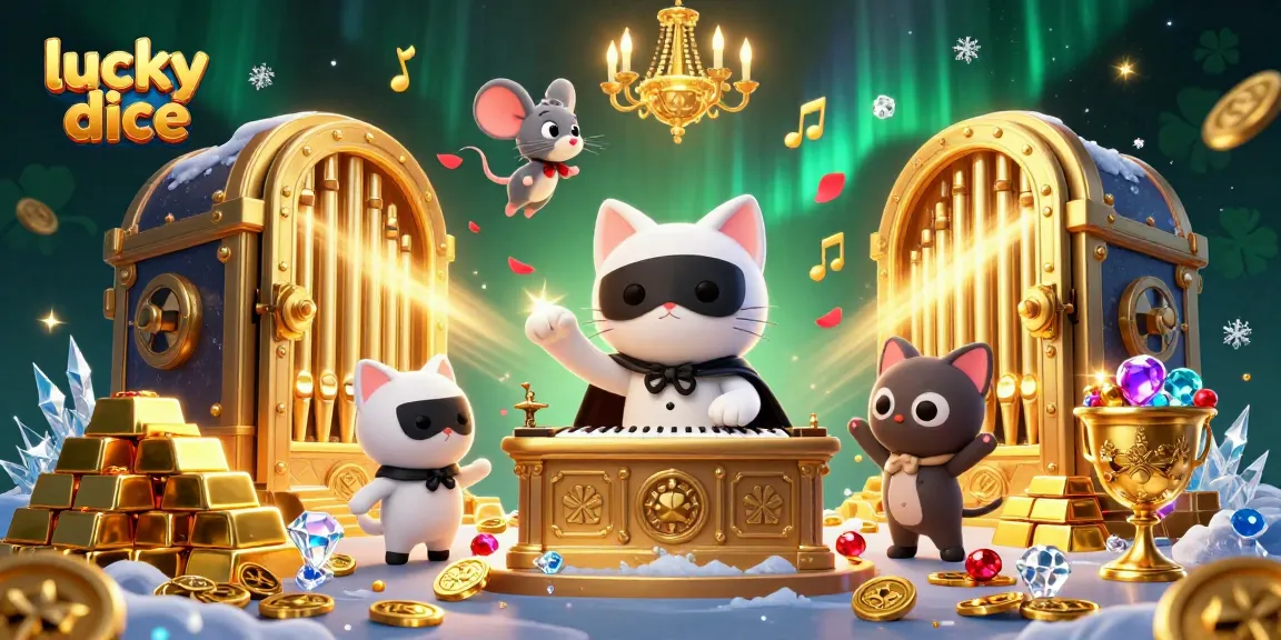 Experience thrilling gameplay with lucky dice amidst a lavish casino setting filled with treasures.