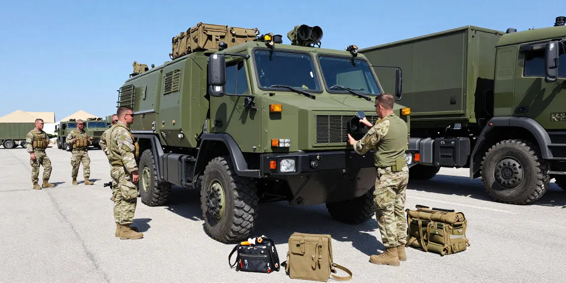 88M Motor Transport Operator inspecting military vehicle on base, showcasing logistics teamwork.