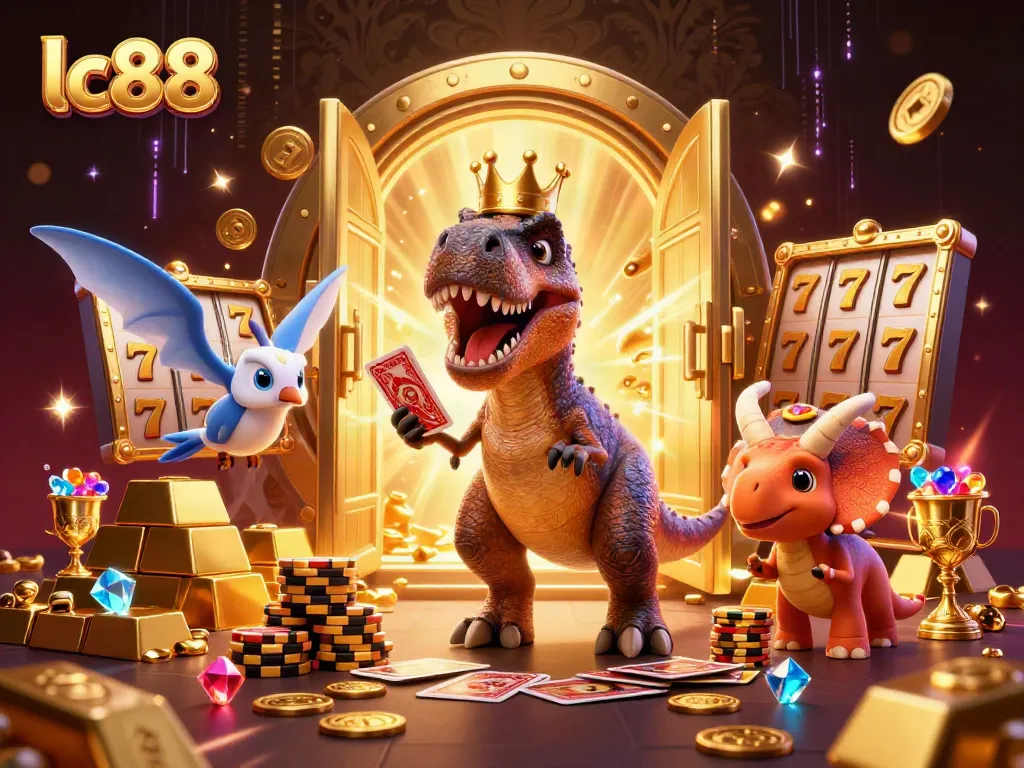 lc88 engaging in thrilling slots action with vibrant characters in a rich casino setting