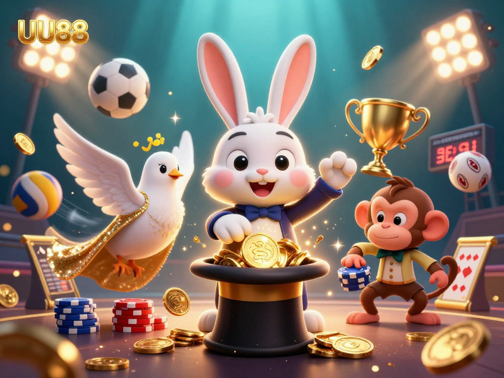 UU88 captures excitement as a magician rabbit pulls coins and a monkey feasts on poker chips in this vibrant illustration.