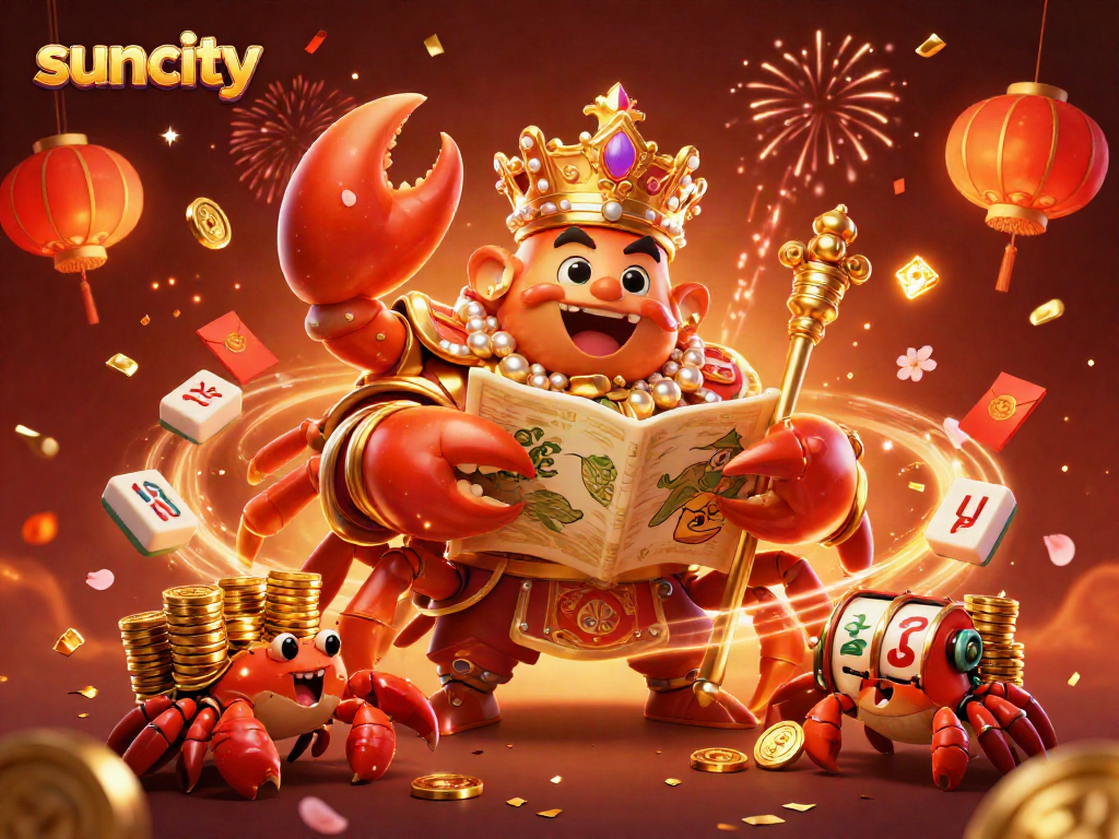 Engage in thrilling gameplay with suncity's vibrant 3D casino scenes featuring a golden crab emperor and slot reels.