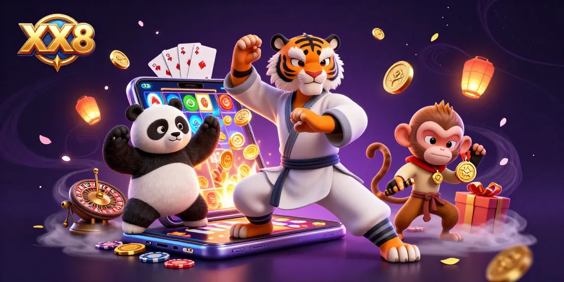 Engage with XX8's vibrant casino scene featuring a kung fu tiger, panda, and monkey in action.
