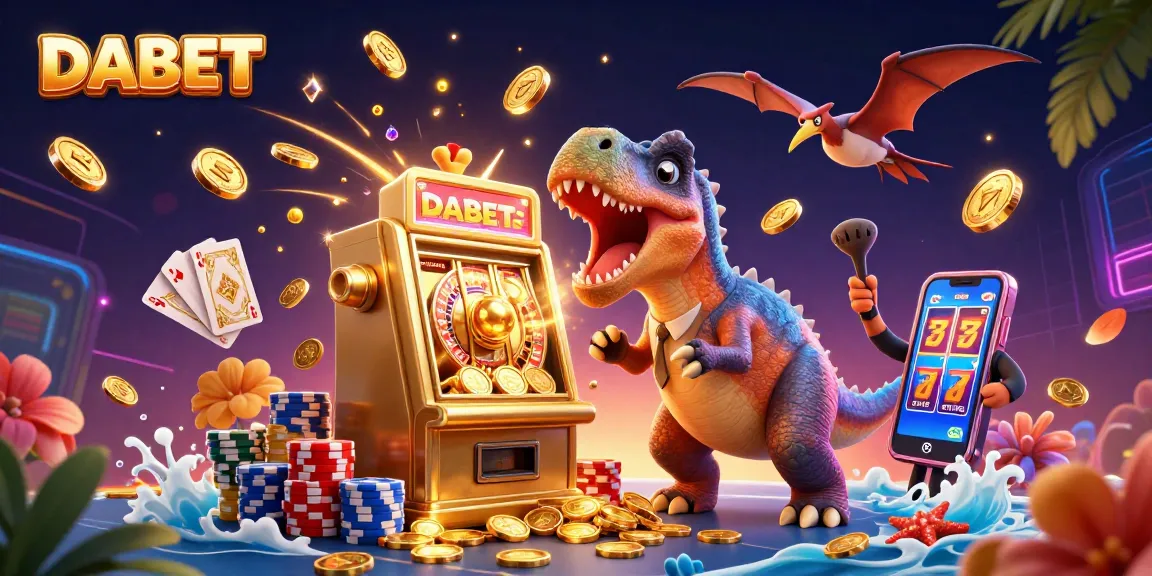 DABET captivates players with a thrilling jackpot scene, featuring vibrant slot machines and flying coins.