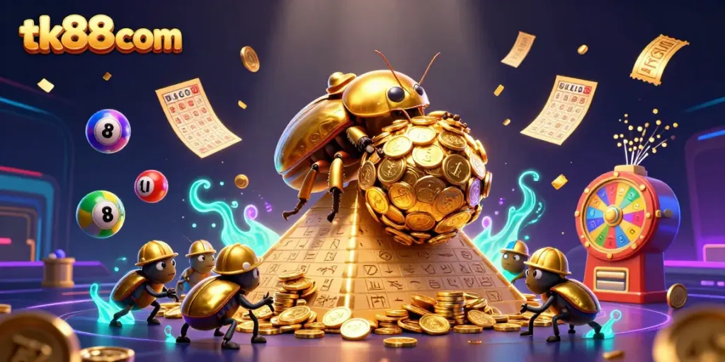 Experience thrilling wins at tk88 com with vibrant casino-themed visuals of lottery balls and gold coins.