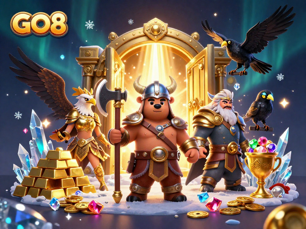 Engage in thrilling gaming at GO8 with a Viking bear and Valkyrie surrounded by treasures.