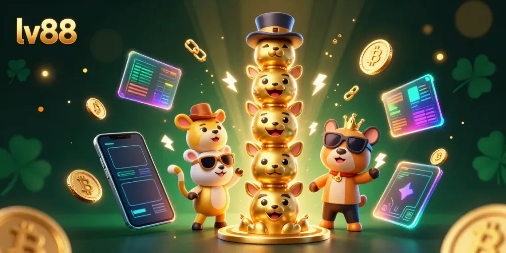 Engage with the vibrant lv88 experience featuring a dynamic golden totem pole and crypto elements in a casino setting.