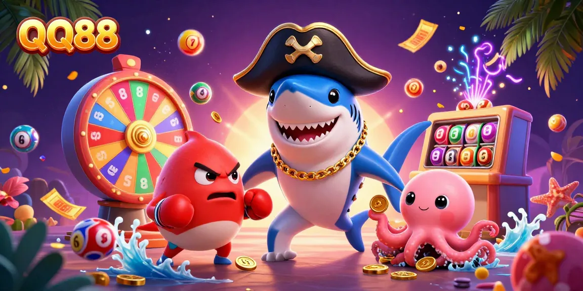 Engage with QQ88 at a vibrant casino scene featuring a pirate shark, pufferfish, and octopus amidst dynamic lottery elements.
