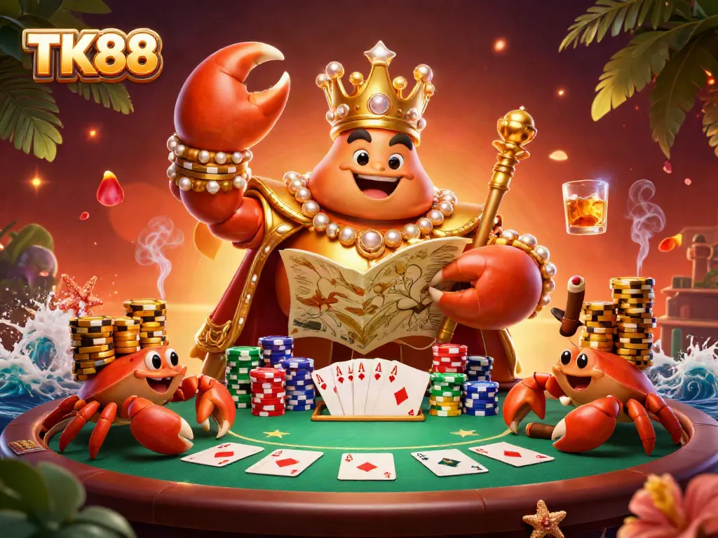 Engage in thrilling moments at TK88 with a majestic crab emperor and vibrant poker scene.
