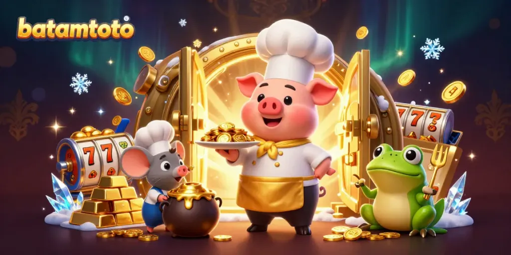 Chef pig serves gold coins in a vibrant batamtoto-themed casino scene with rich detail.