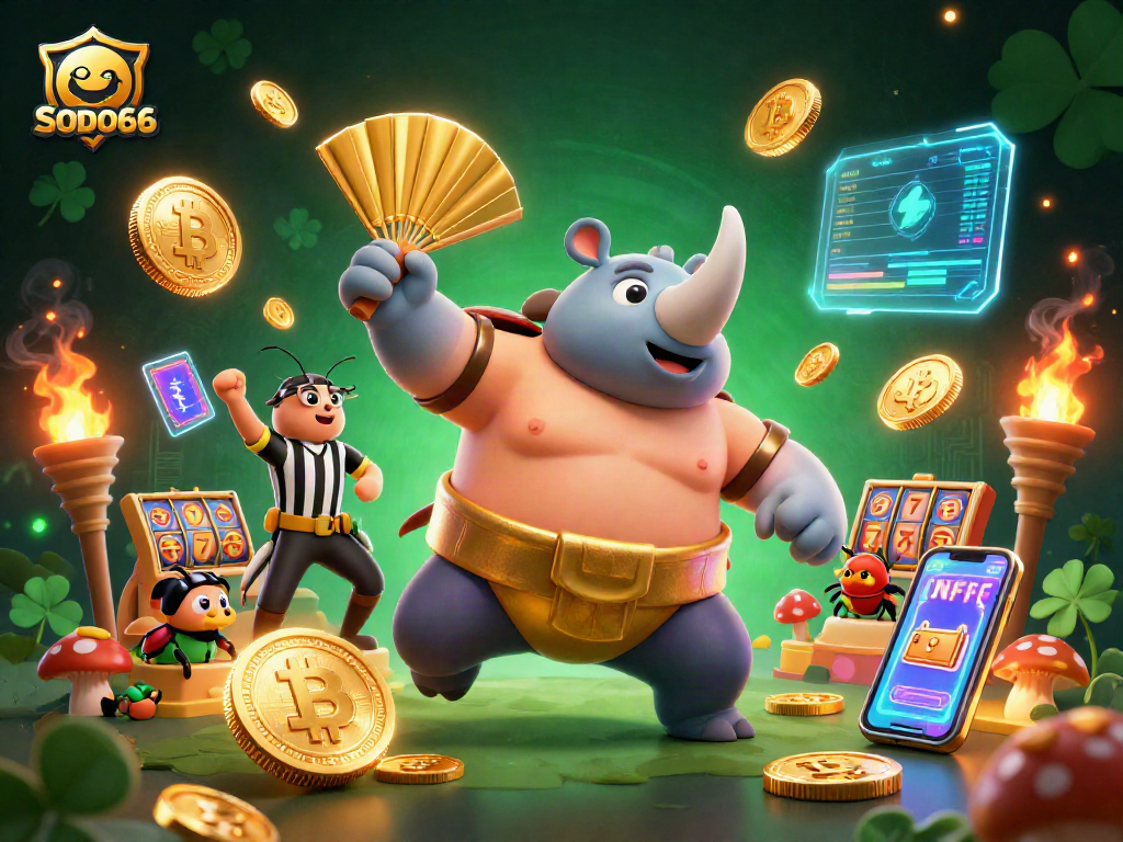 SODO66 casino excitement as a rhinoceros beetle champion stomps coins in a vibrant gaming world.