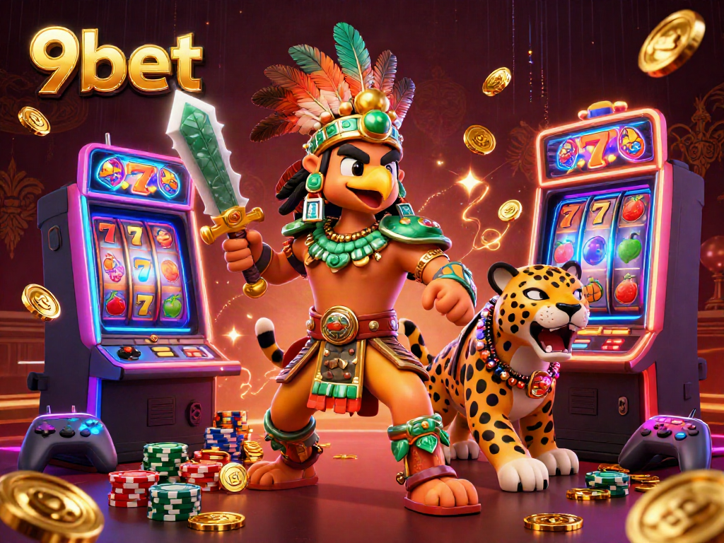 Engage with 9bet's lively casino visuals showcasing vibrant slot machines and dynamic Aztec warriors.