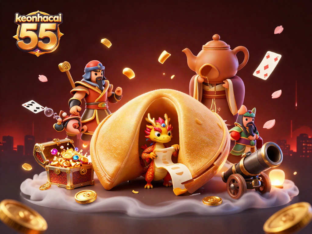 Experience the thrill of gambling with keonhacai 55 featuring a dynamic 3D scene of fortune characters.