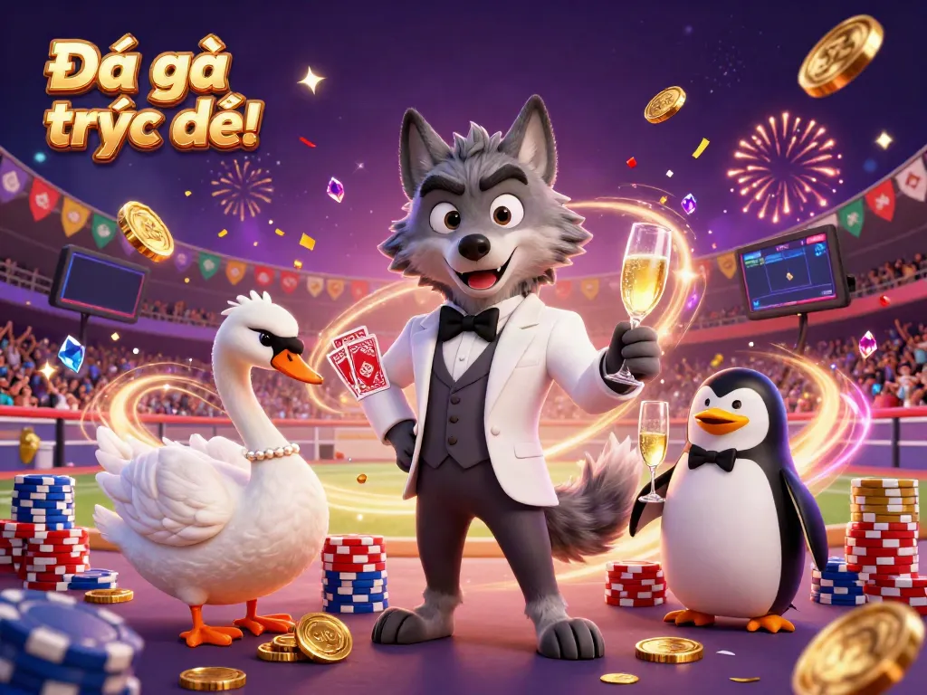 Experience Đá gà trực tiếp with a lively 3D illustration showcasing characters amidst a vibrant cockfighting arena.