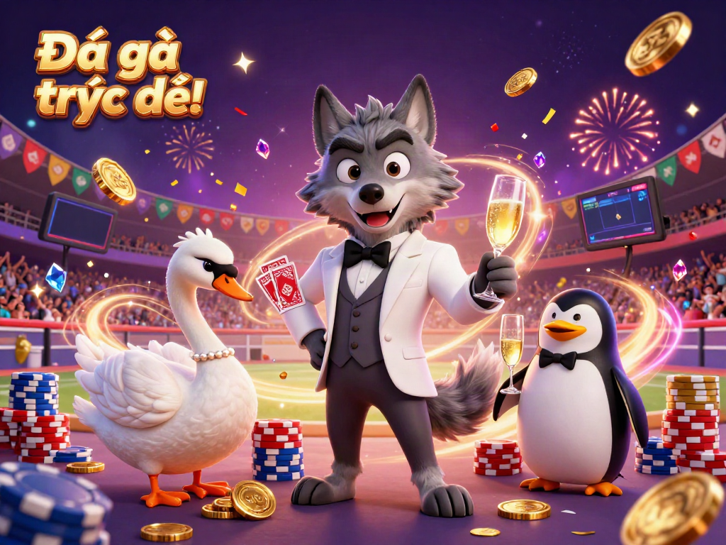 Experience Đá gà trực tiếp with a lively 3D illustration showcasing characters amidst a vibrant cockfighting arena.