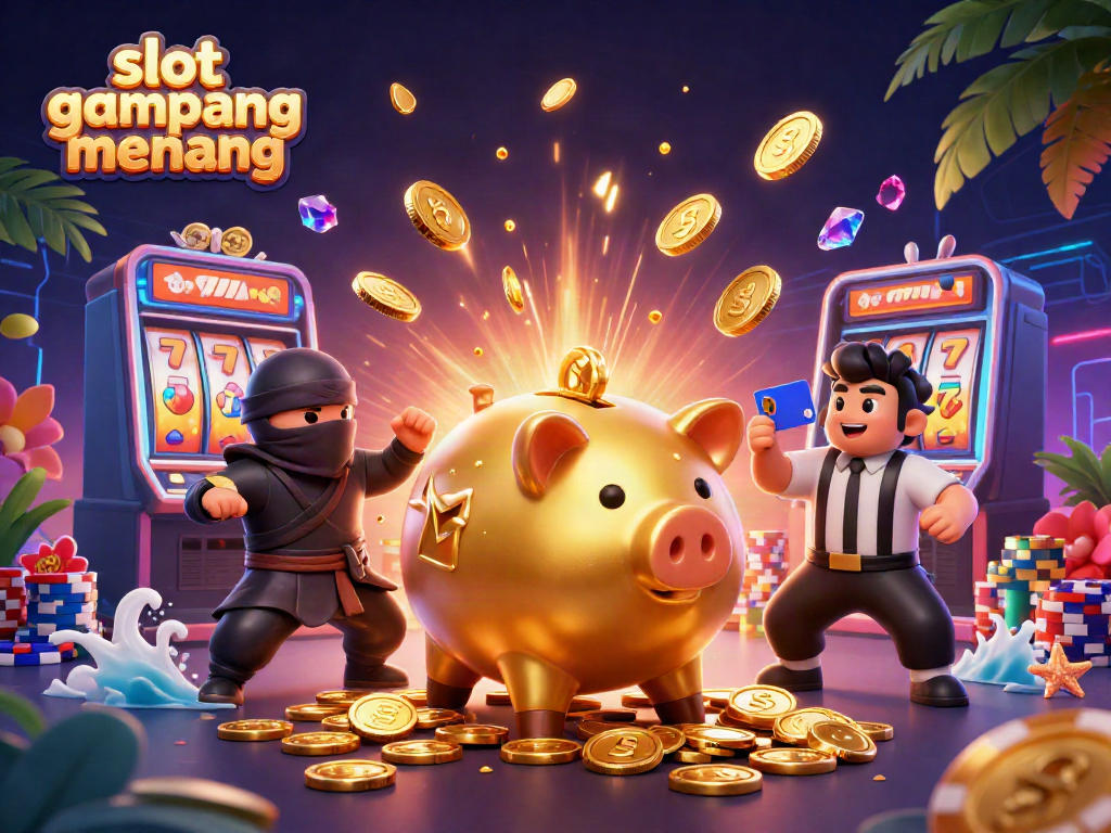 Join the action with slot gampang menang as golden coins cascade from dynamic characters in this vibrant casino illustration.