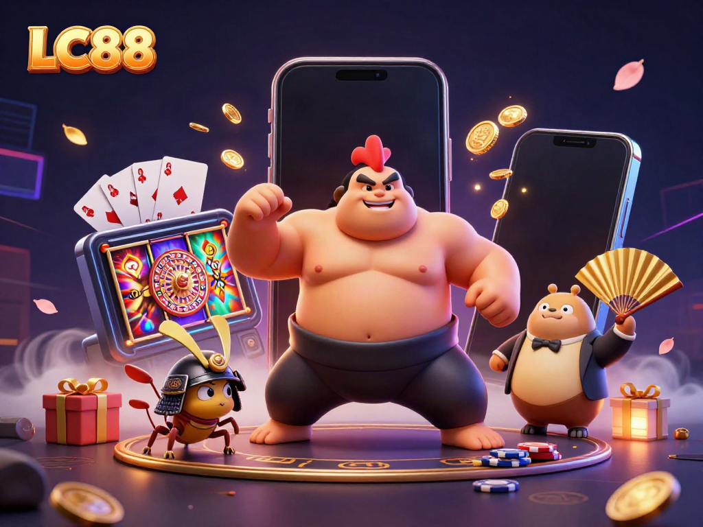 LC88 features a vibrant 3D casino scene with a powerful rooster and samurai cricket amidst slot games and poker chips.