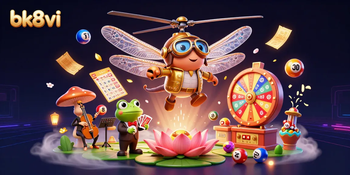 Engage in the vibrant bk8vi casino experience with a 3D cartoon dragonfly pilot and frog dealer amidst colorful gaming elements.