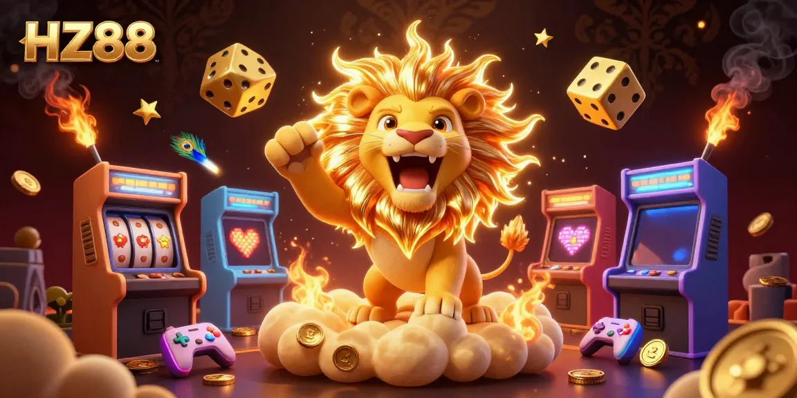 Play exciting games at HZ88, featured in a vibrant 3D illustration with a roaring sun lion amid casino elements.